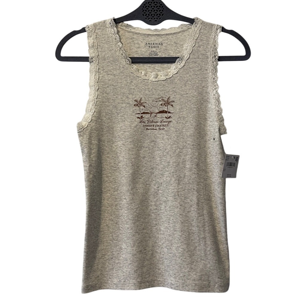 American Eagle‎ Outfitters Heather Gray Ribbed Lace Tank Top M NWT
